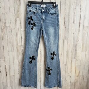 READ Austin Landing Jeans Women 27x30 Med Wash Cross Patch Flare Grunge Western
